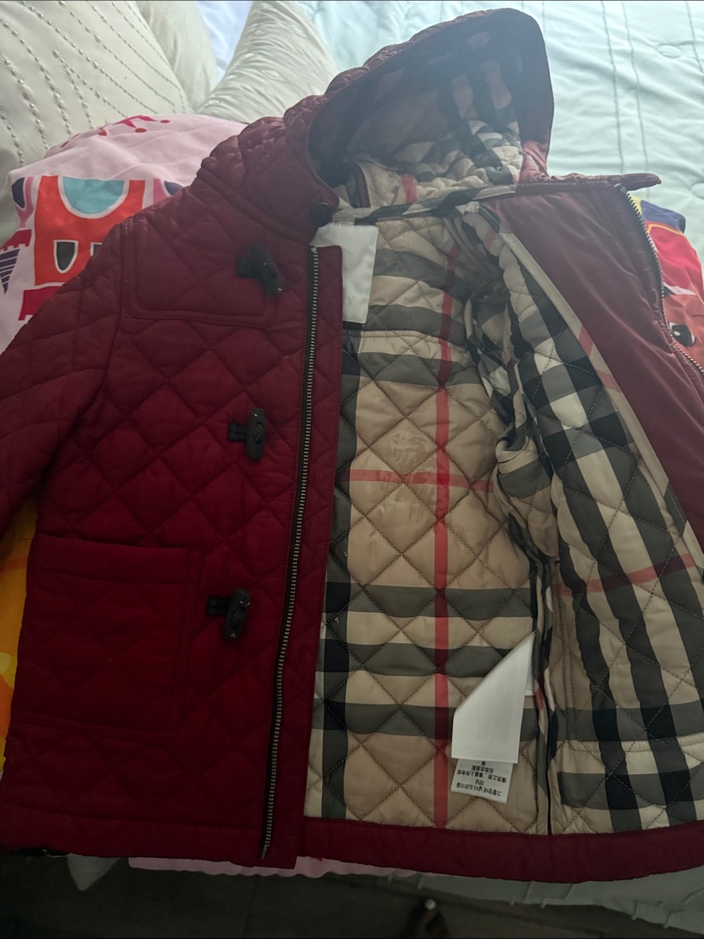 Burberry Red Quilted Kids Hooded Puffer with Signature Check Lining